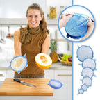 Six reusable stretch covers in assorted sizes shown covering a cut melon